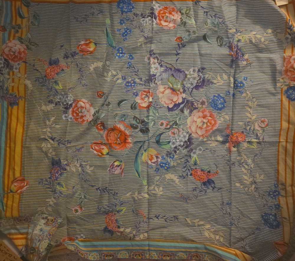Johnny Was Floral Stripe Cotton  Scarf in Blue, Coral, Pink, Yellow, Green